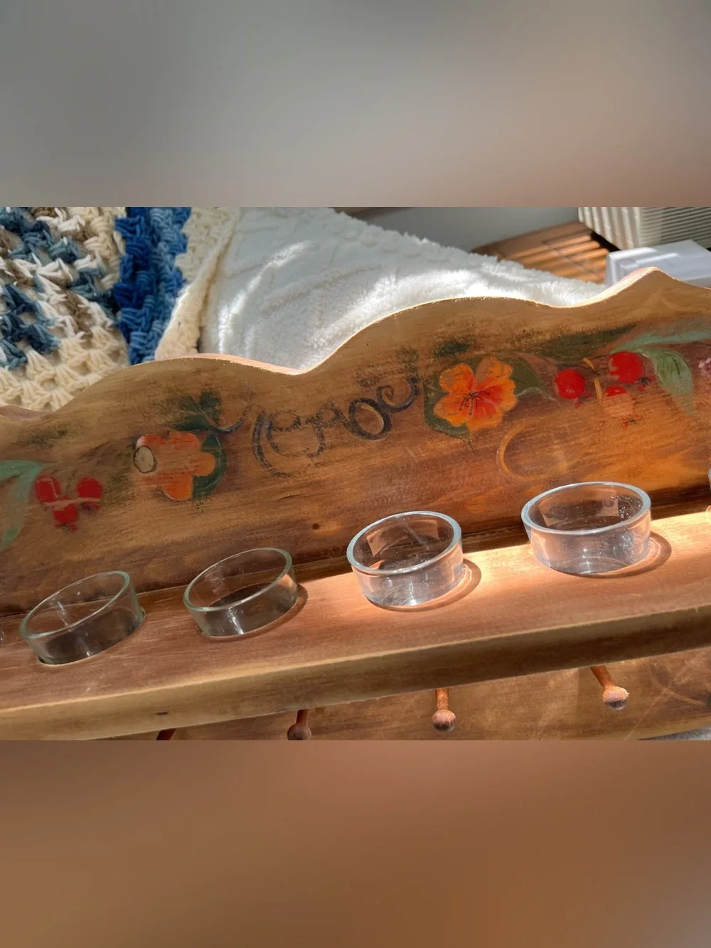 Vintage Floral Hand-Painted Wood Wall Peg Rack votive or spice bottle holder